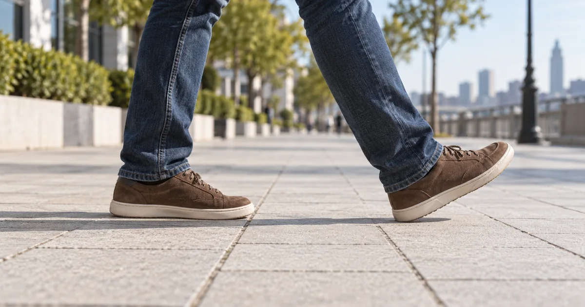A side view of brown shoes stepping across tiled pavement with visible contact shadows and ground lines