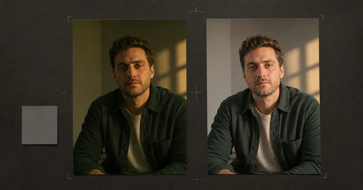 The same fictional portrait before and after a restrained AI lighting correction