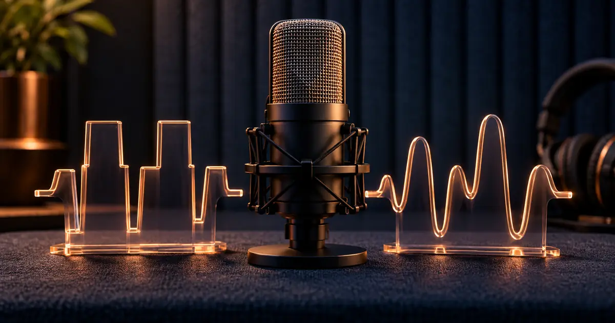 Microphone between acrylic waveforms with flattened and rounded peaks illustrating audio clipping
