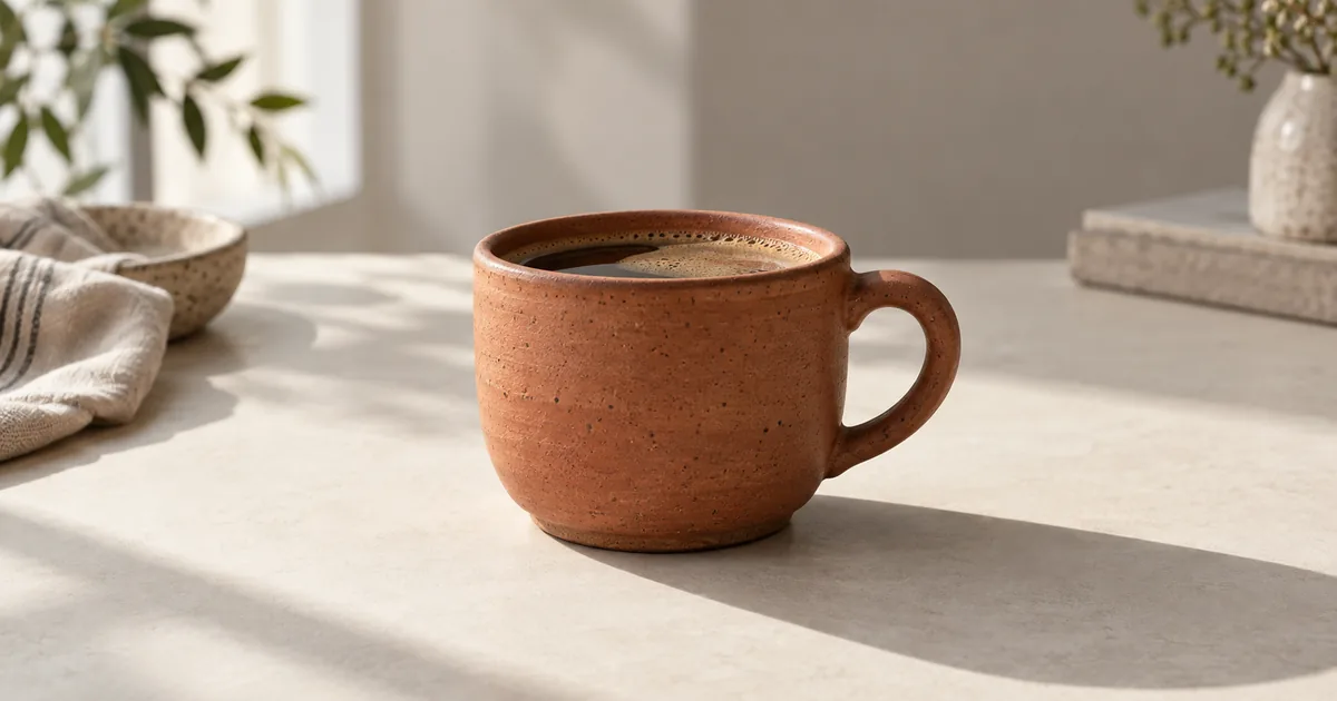 A terracotta cup resting on matte ivory paper with a tight contact shadow and a soft cast shadow