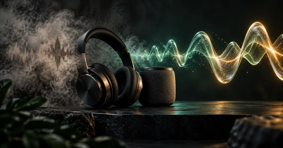 Headphones and speaker with a sound-wave illustration moving from a hazy area into clear detail