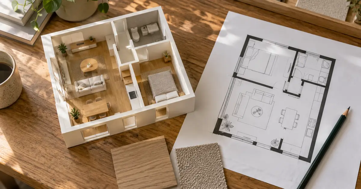 AI-generated editorial illustration of an apartment model beside a floor-plan drawing and material samples