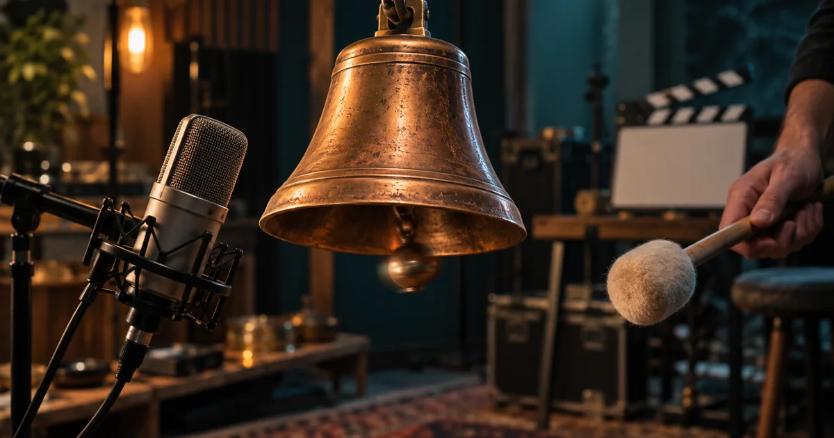 Copper bell, felt mallet, and microphone arranged in a warmly lit film sound studio
