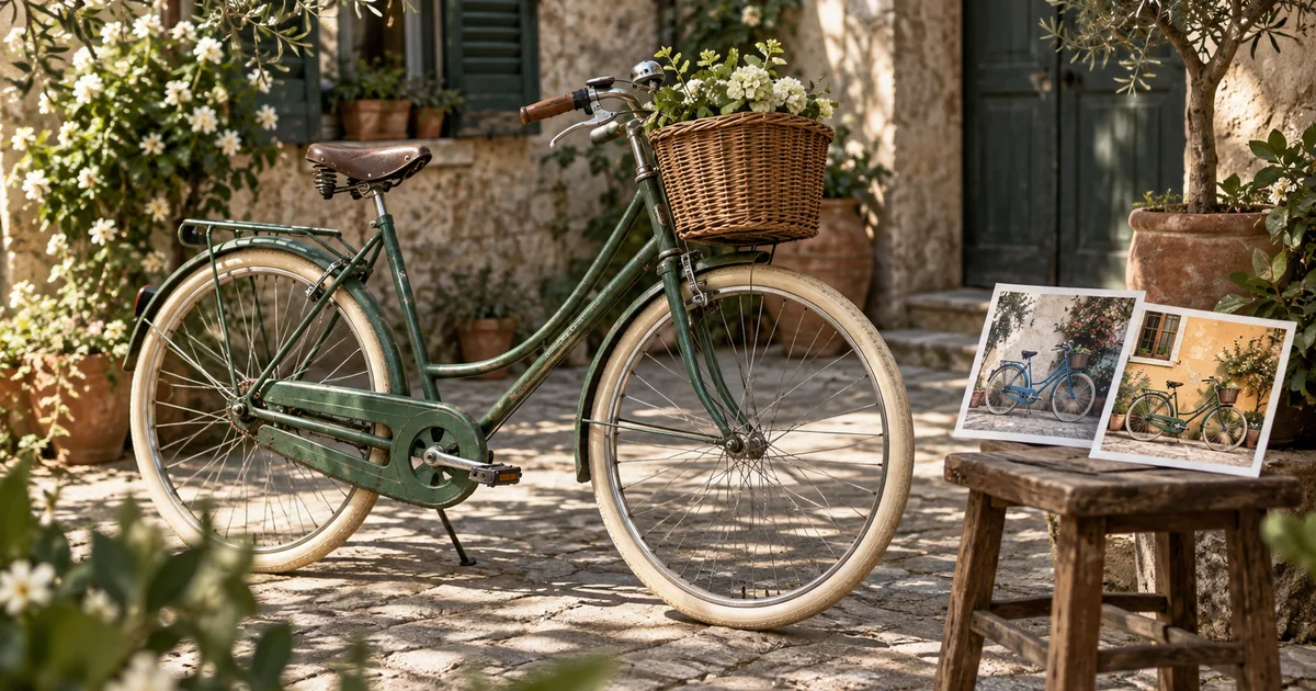 Green city bicycle with wicker basket in a sunlit courtyard beside alternate unlabelled photo prints