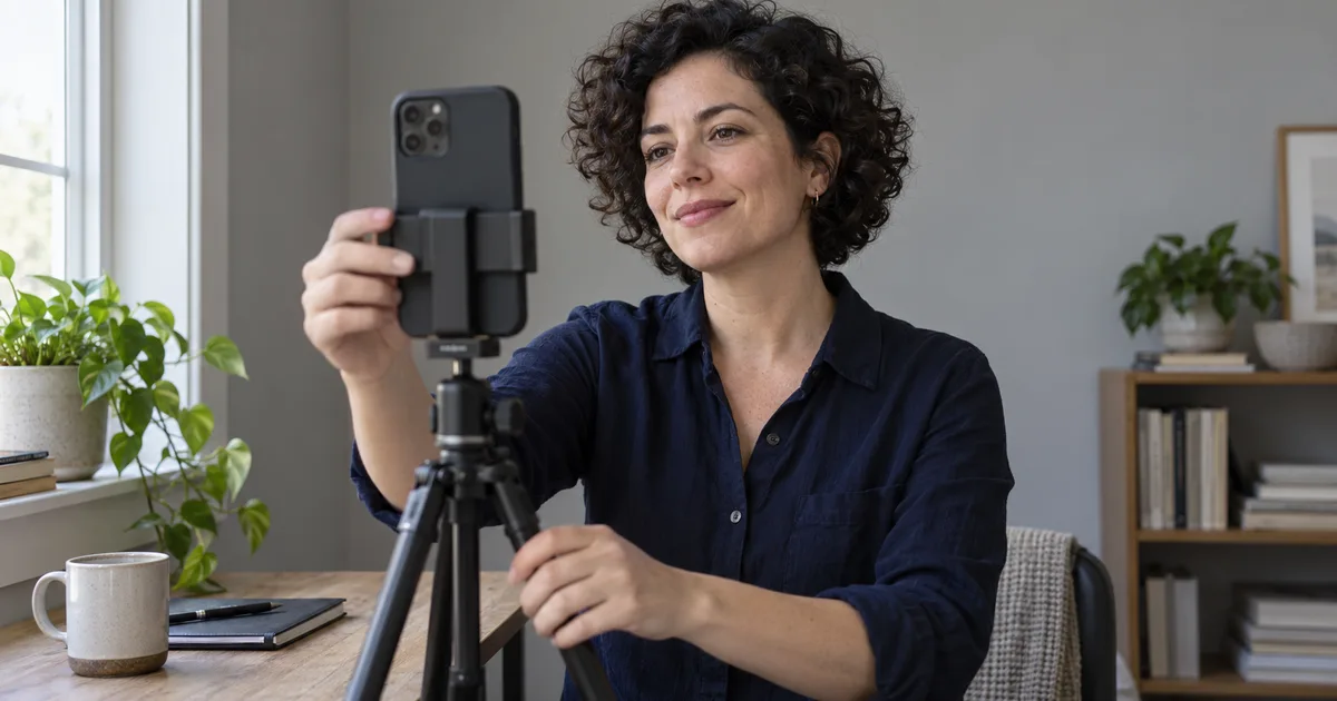 A woman preparing a professional self portrait with a phone on a tripod beside a window