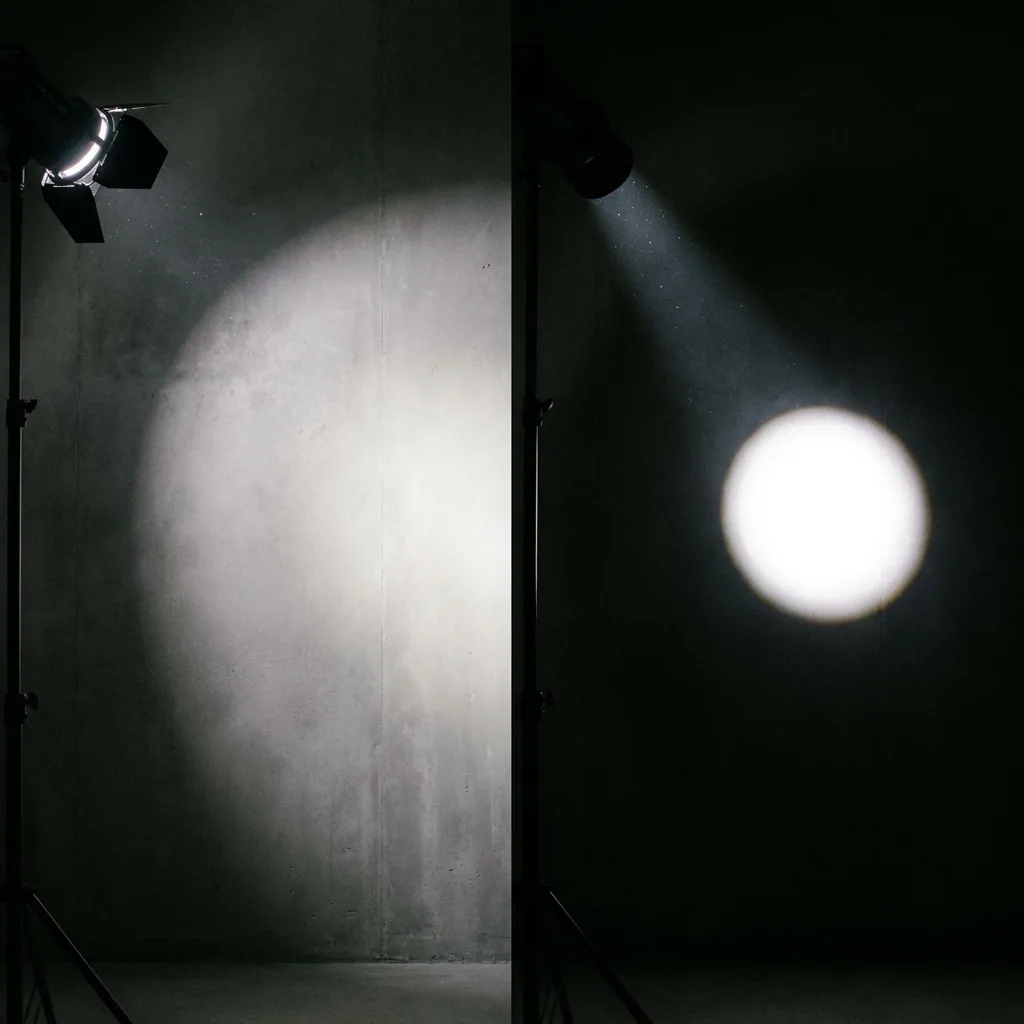 Side by side beam examples on a wall, flood on left, spot on right