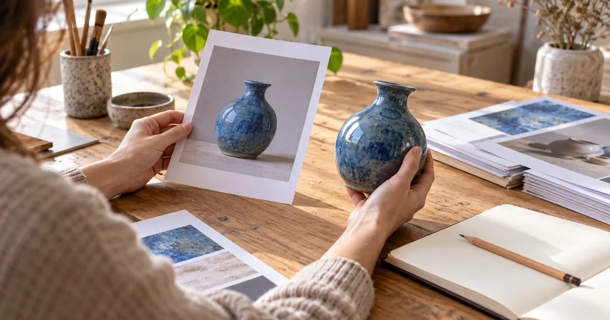 A designer checking a printed product image against a small blue ceramic vase