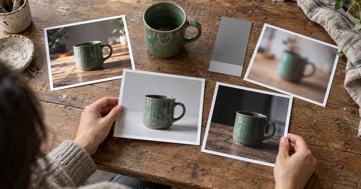 A green ceramic mug beside reference photographs with different lighting and a gray card