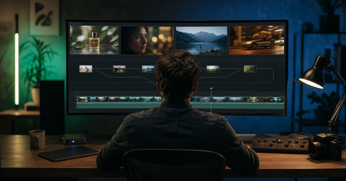 Creator comparing several AI filmmaking workflows on a wide editing monitor