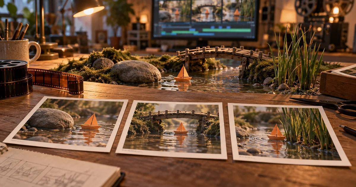 A miniature orange paper boat and three contact prints show its journey past a stone and under a bridge