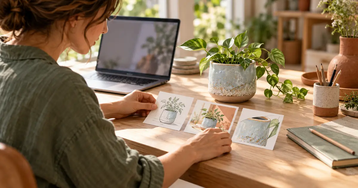 A designer arranging storyboard cards beside a pale-blue ceramic planter and a laptop