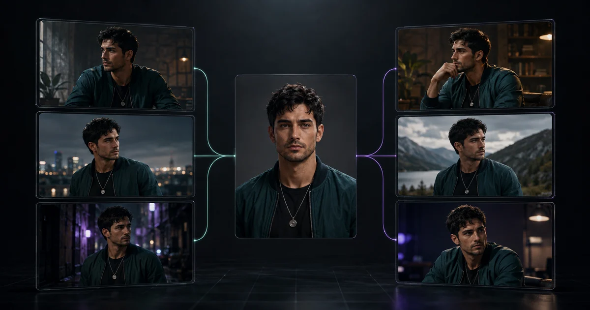 One fictional character remaining consistent across six generated scene variations
