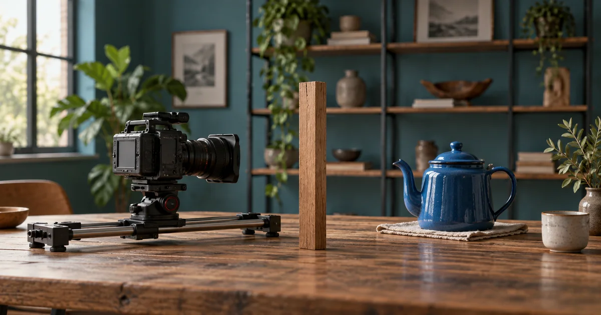 A camera on a short slider faces a blue teapot with a foreground wooden post and distant shelves