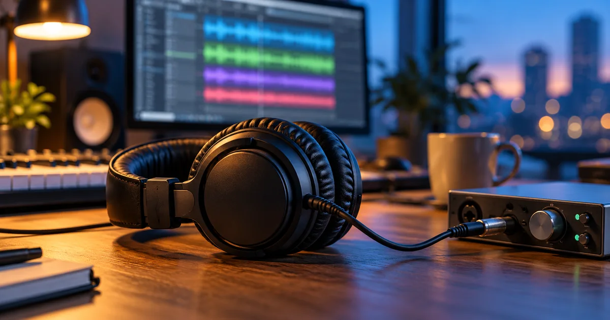 Wired closed-back headphones connected to an audio interface beside an editing monitor