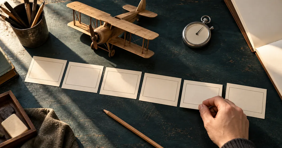 Modern documentary planning desk with blank storyboard cards, a generic wooden biplane and a stopwatch