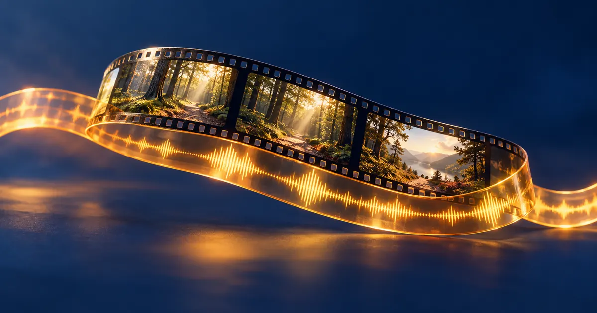 A forest filmstrip aligns with an amber audio ribbon against a midnight-blue background