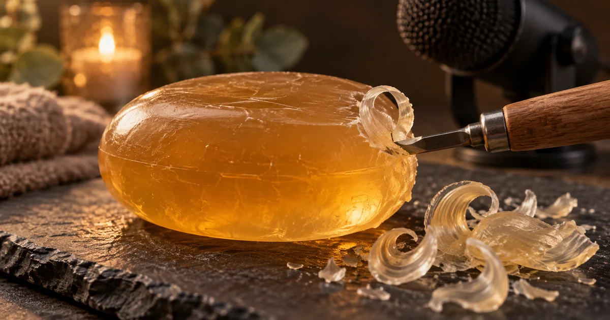 Translucent amber soap with fine curled shavings, a carving tool, and a softly blurred microphone