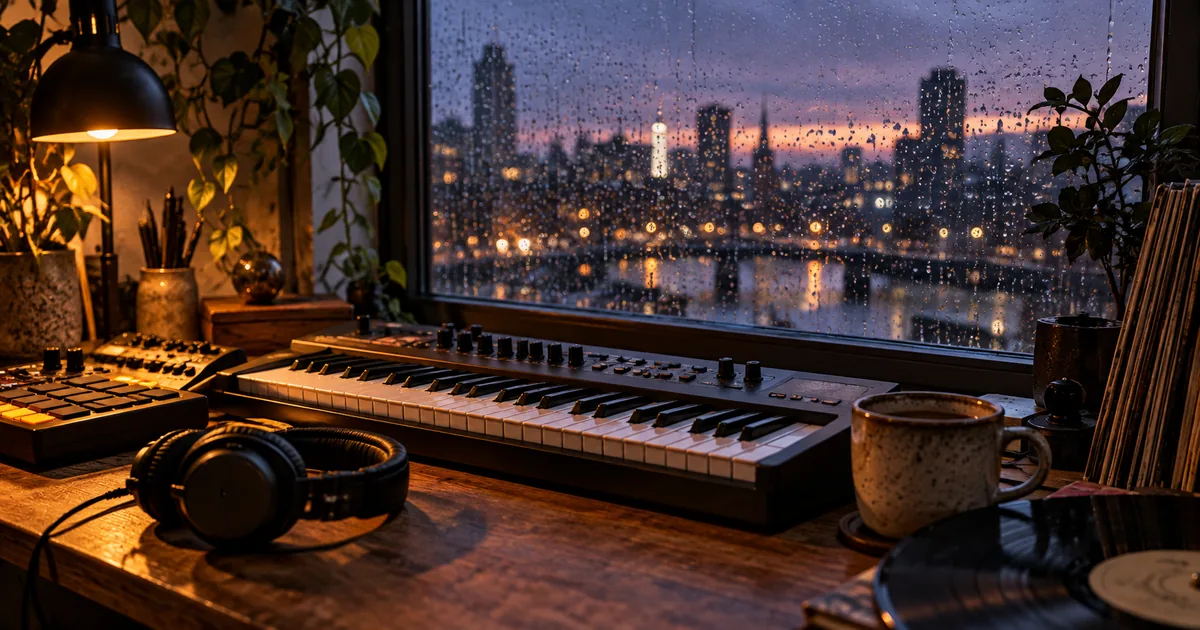 A compact keyboard, sampler, headphones, and vinyl record sit beside a rainy window in a warm evening music studio