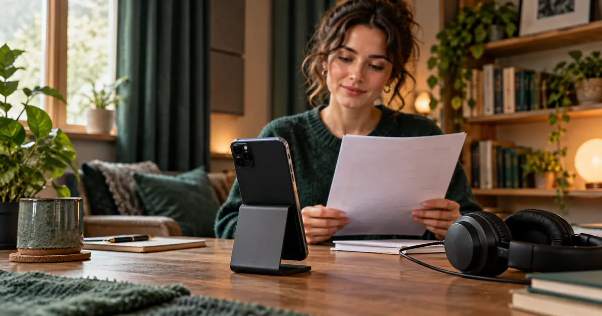 A creator reading a script with a smartphone on a desk stand in a quiet furnished room