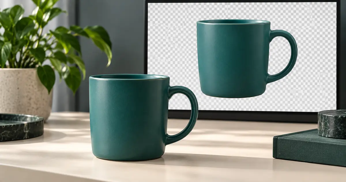 A teal mug beside a conceptual display of its isolated cutout on a checkerboard background