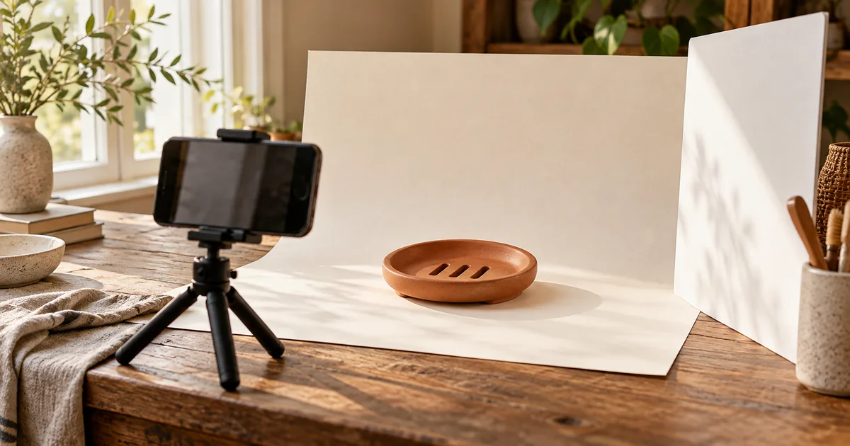 A terracotta soap dish on a paper sweep beside a phone tripod, window and white bounce card
