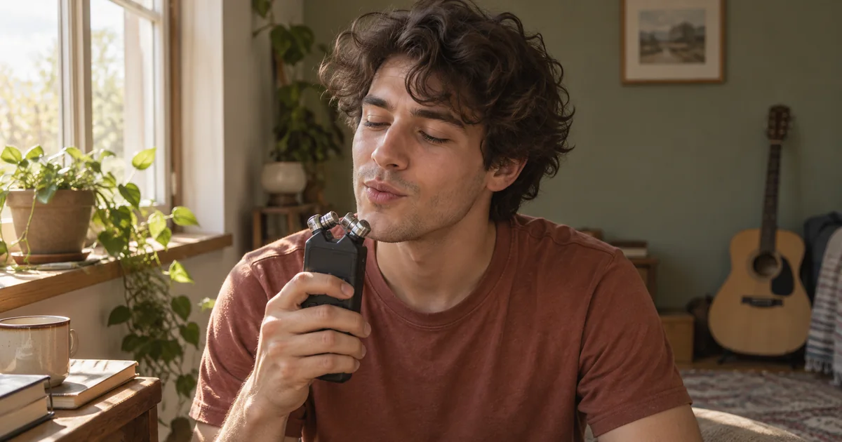 A songwriter hums an idea toward a small handheld audio recorder in a quiet sunlit room