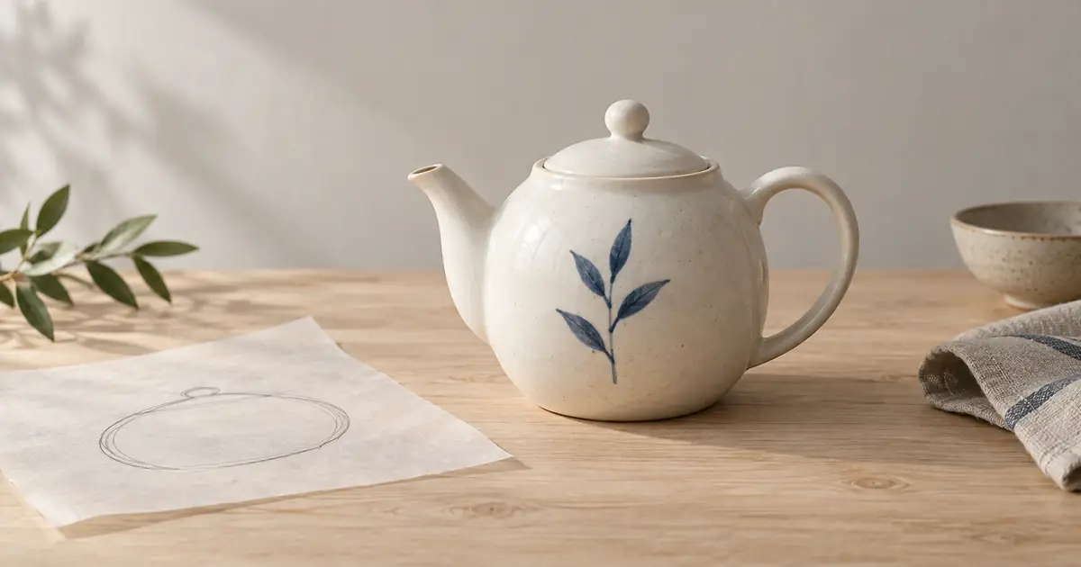 A cream ceramic teapot with a curved handle and blue ornament sits beside translucent tracing paper