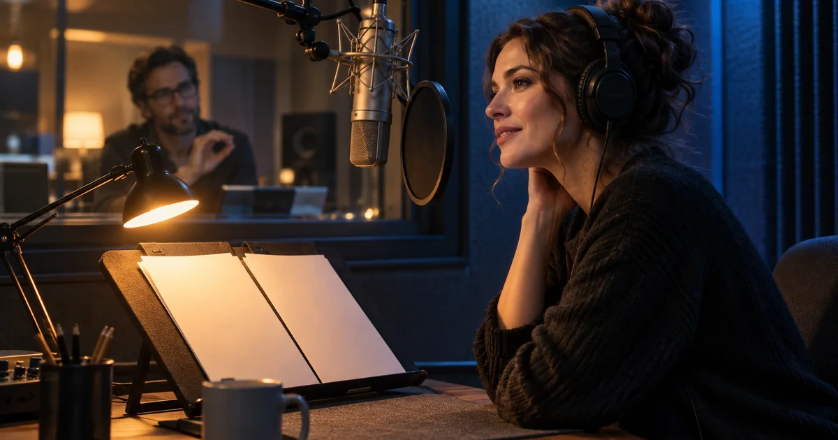 A narrator follows a director’s restrained hand gesture through the glass of a recording booth