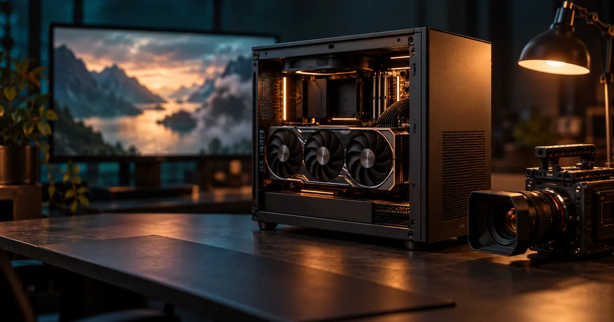 Local graphics workstation beside a cinema camera, illustrating video generation hardware