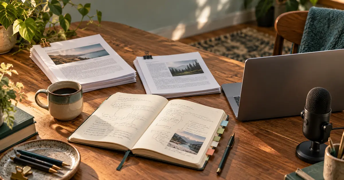 Source documents and an open notebook beside a laptop and microphone on a creator desk