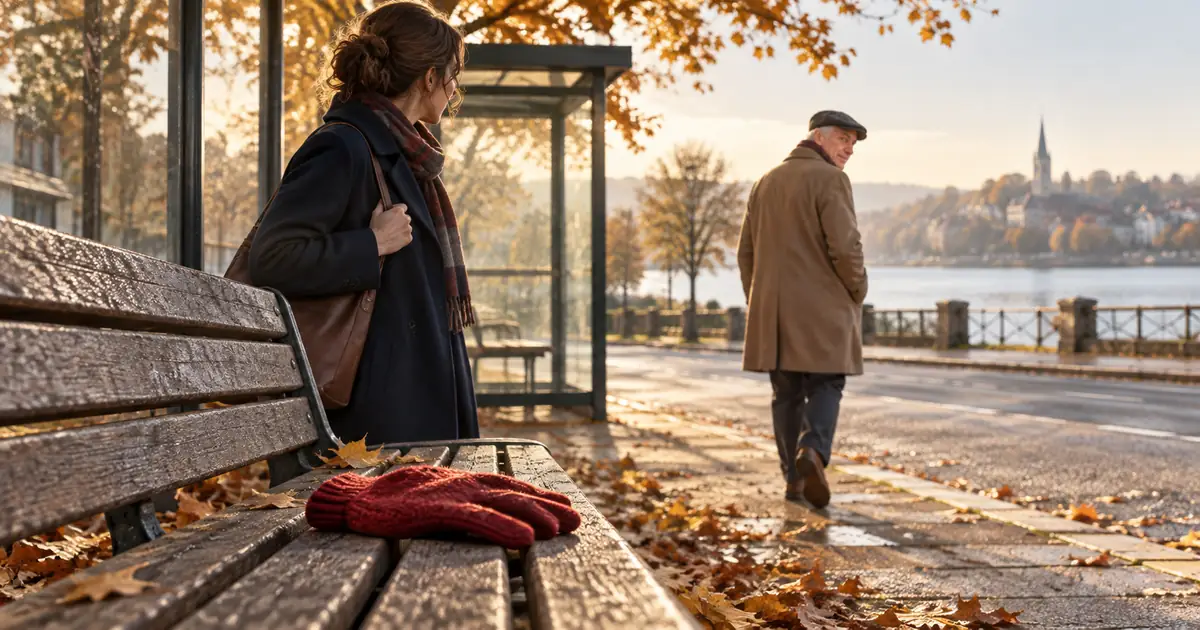 A single red glove rests on a bus-stop bench while two fictional adults meet in the background