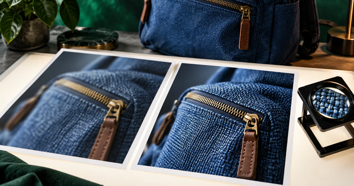 Two close-up prints of a blue fabric backpack sit beside the original bag and a magnifying loupe