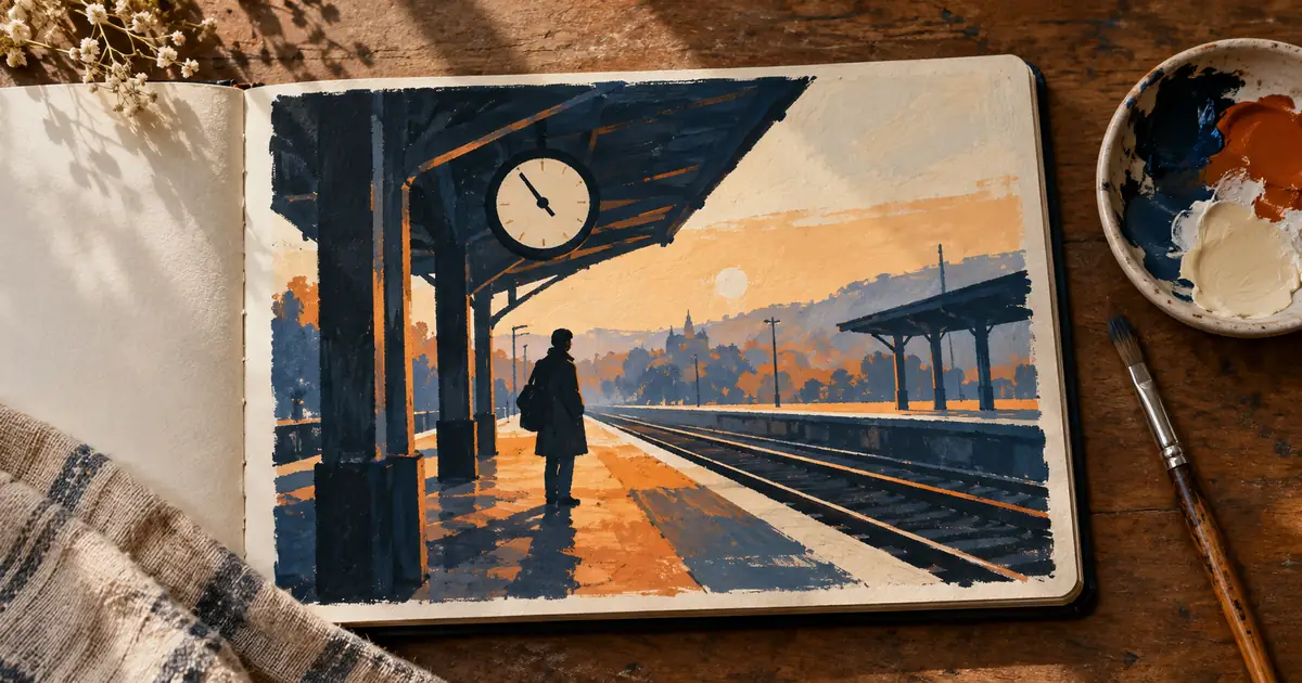 An artist's sketchbook shows a train-platform composition built from broad blue, rust, and cream shapes