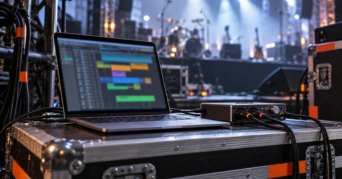 A laptop and audio interface on a flight case beside a concert stage