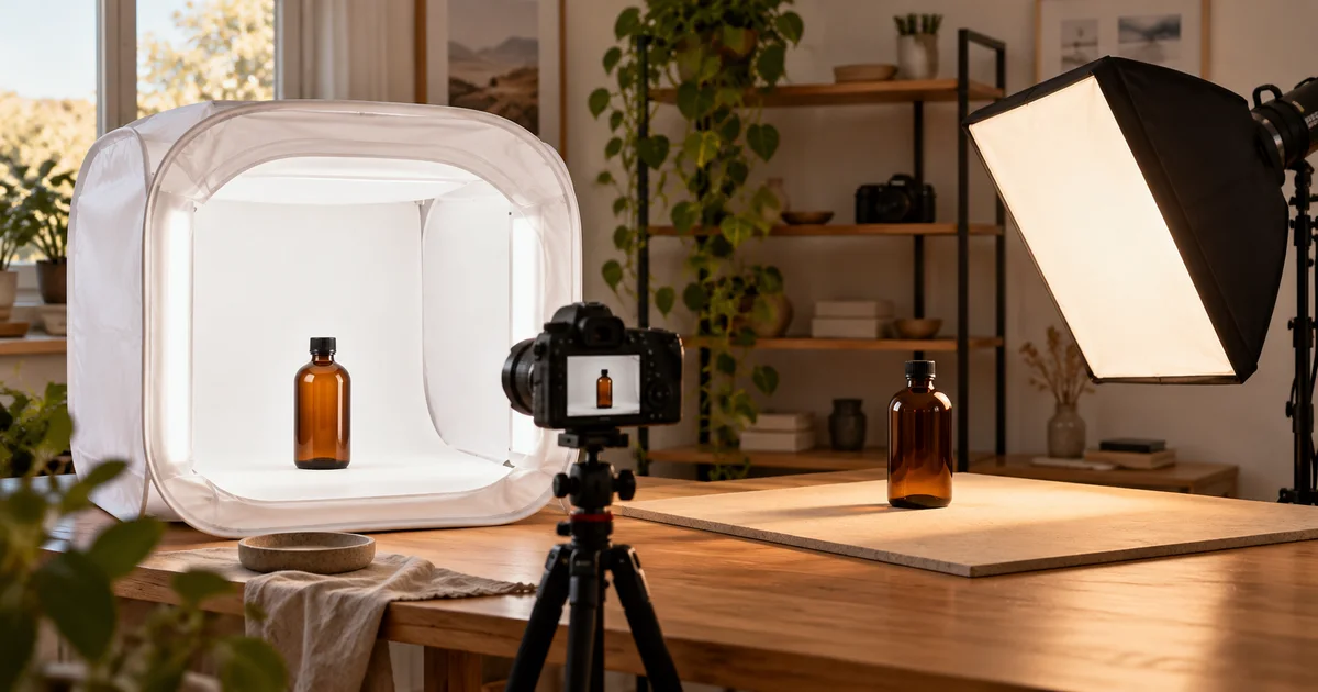 A white photography tent and a separate softbox illuminating plain amber bottles on a tabletop