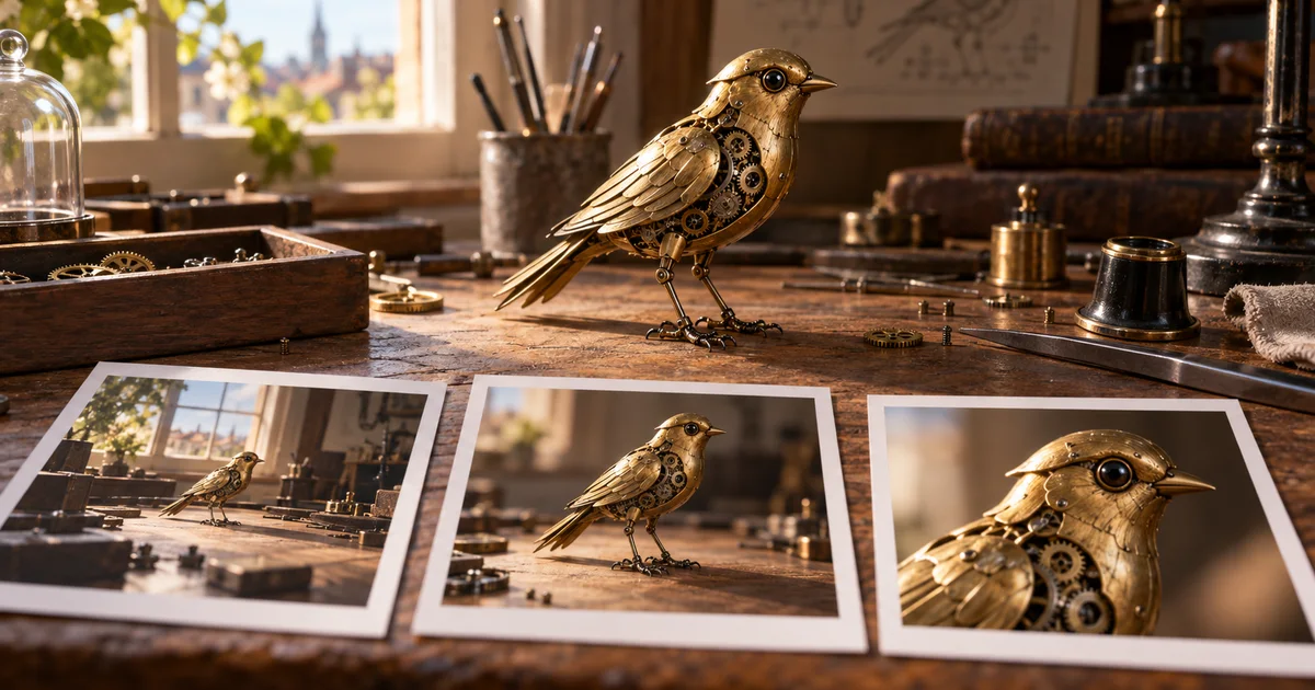 Brass clockwork bird on a watchmaker's bench beside unlabelled prints showing different shot sizes