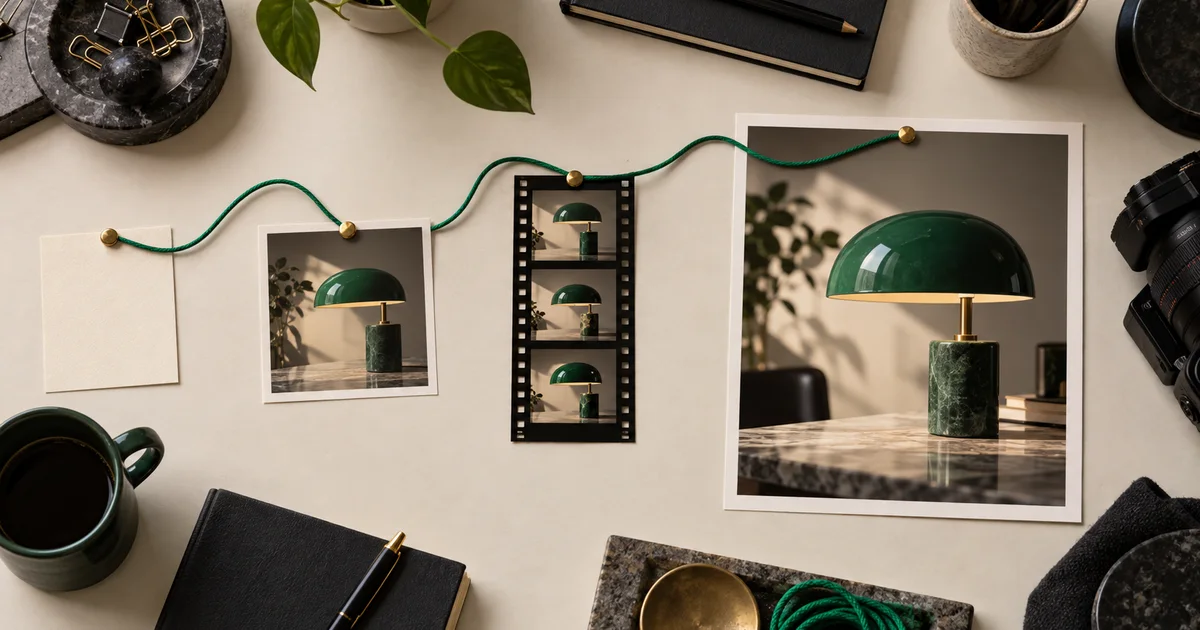 A green desk lamp appears in connected photographs and a film strip laid across a creative planning desk