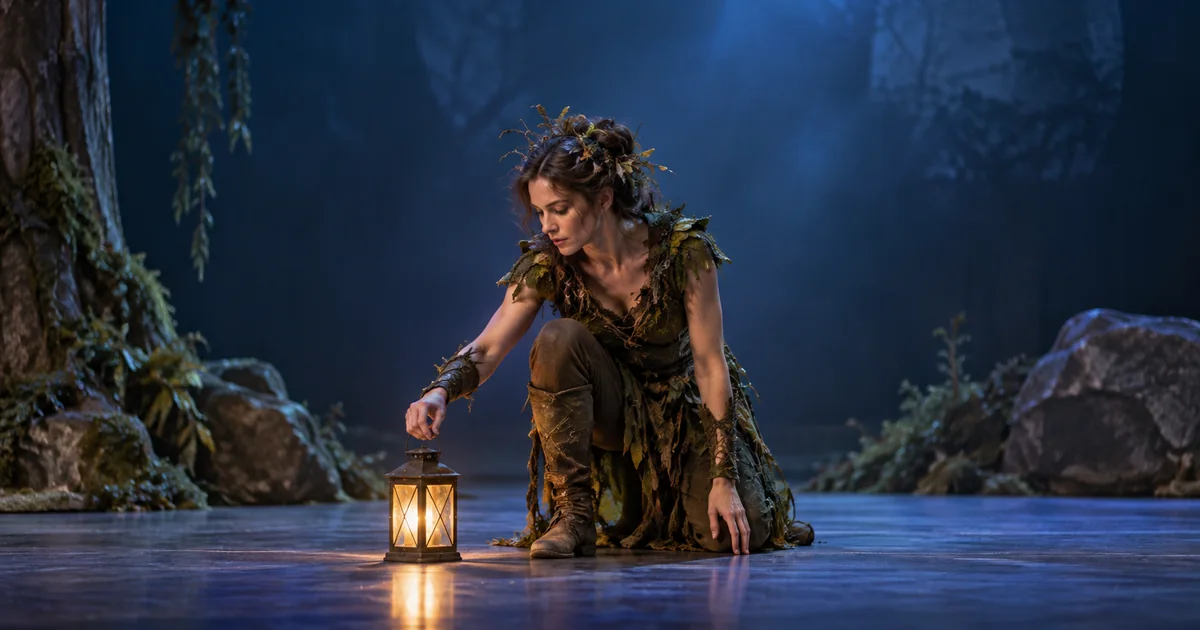 A costumed woodland performer kneels beside a lantern on a blue-lit stage, showing a clear hand contact and planted foot