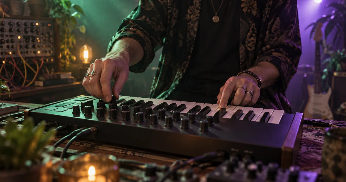 A musician changes a controller knob while playing a key during a live electronic music performance