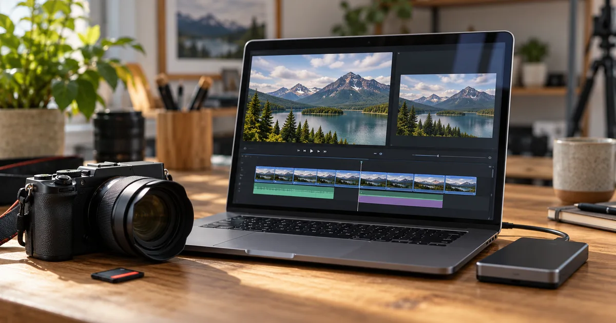 A camera and SSD beside a laptop showing landscape video previews at two sizes