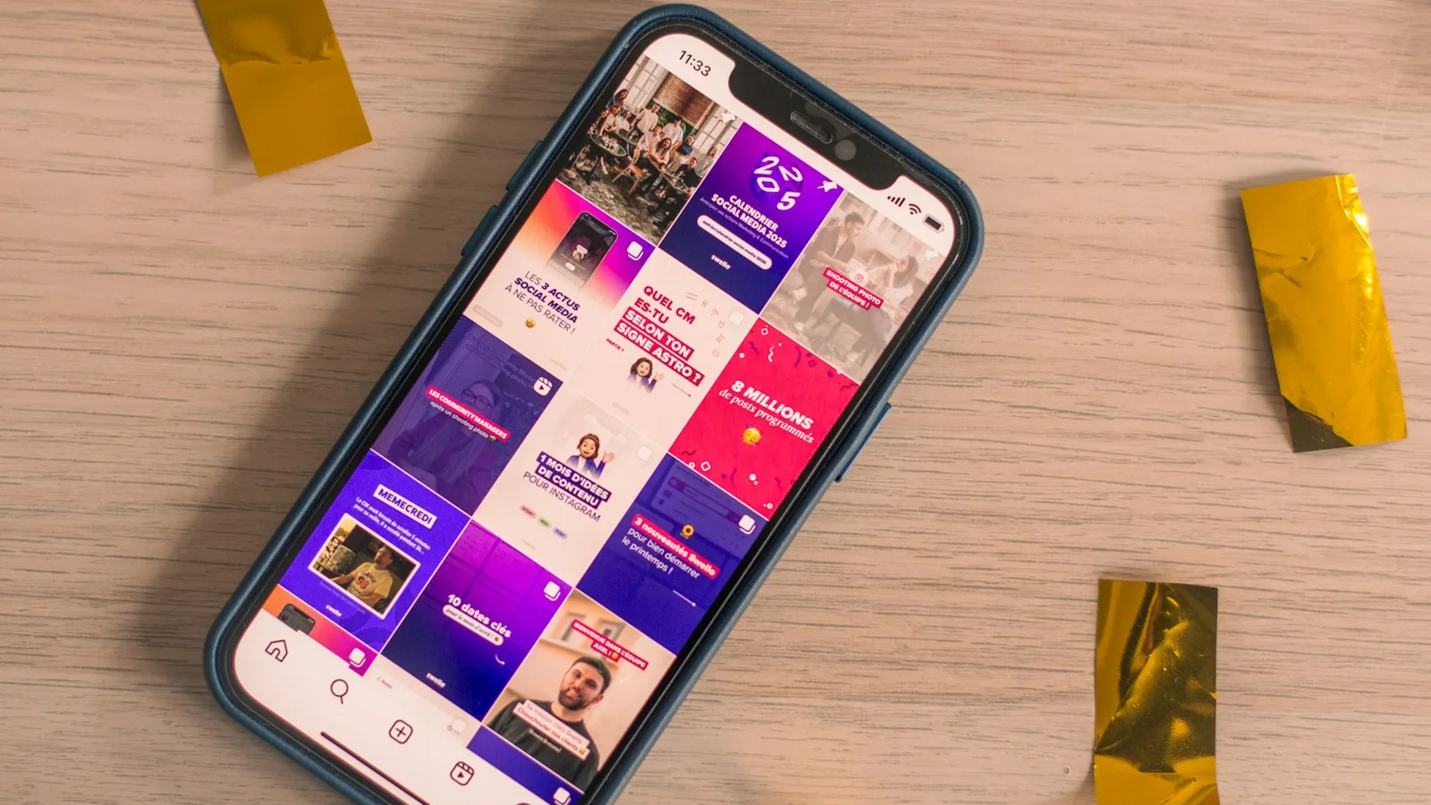 A colorful social media feed displayed on a phone
