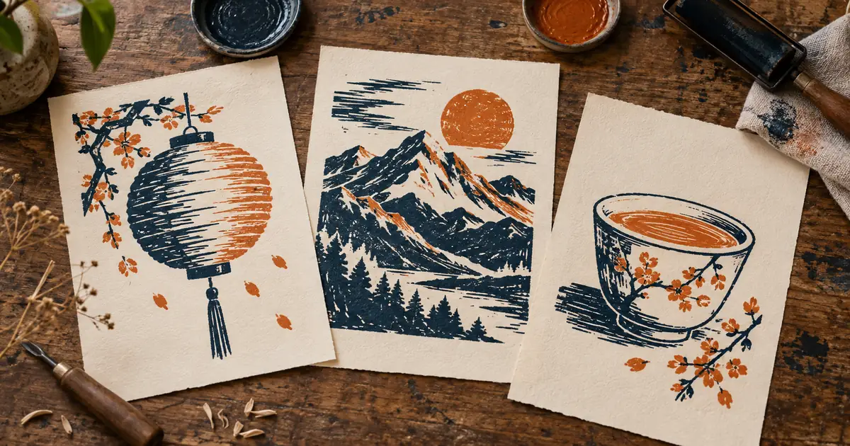Three original blue and rust linocut prints of a lantern, mountain, and teacup share a restrained visual style