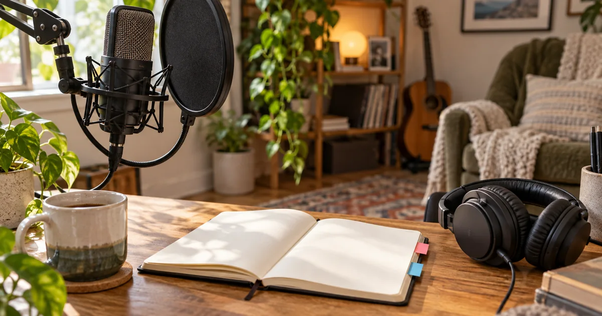 A home voice recording desk with a microphone, headphones and a notebook marked with two colored tabs