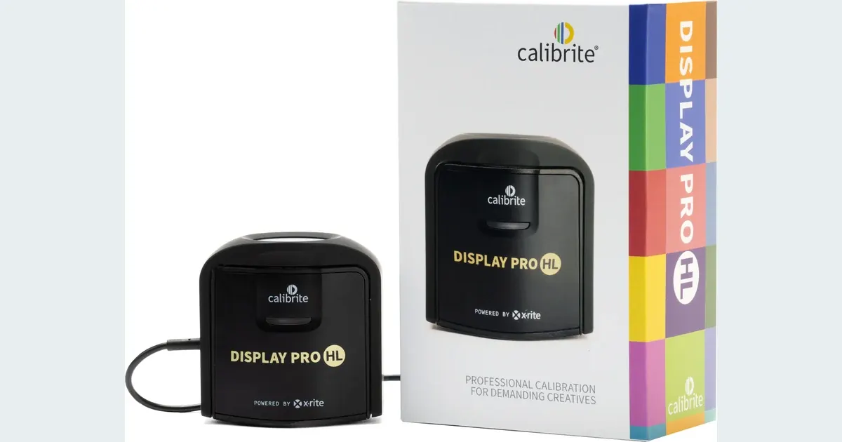 Calibrite Display Pro HL monitor colorimeter and its cable in manufacturer product photography