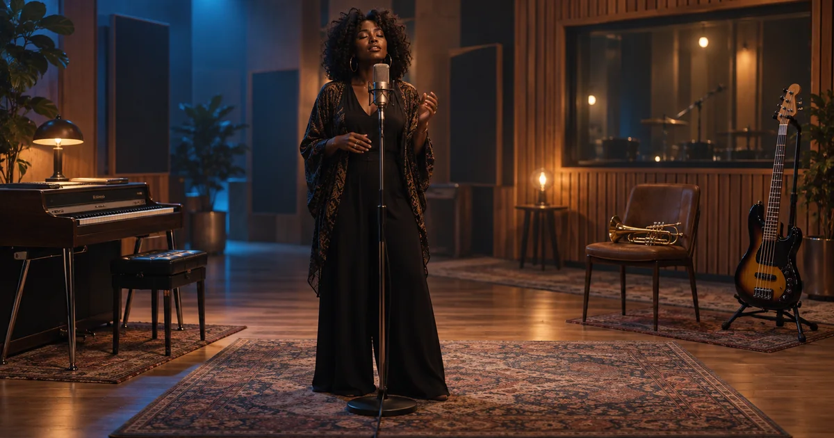 Soul singer at a central microphone with piano, bass, and brass spaced around an intimate recording studio