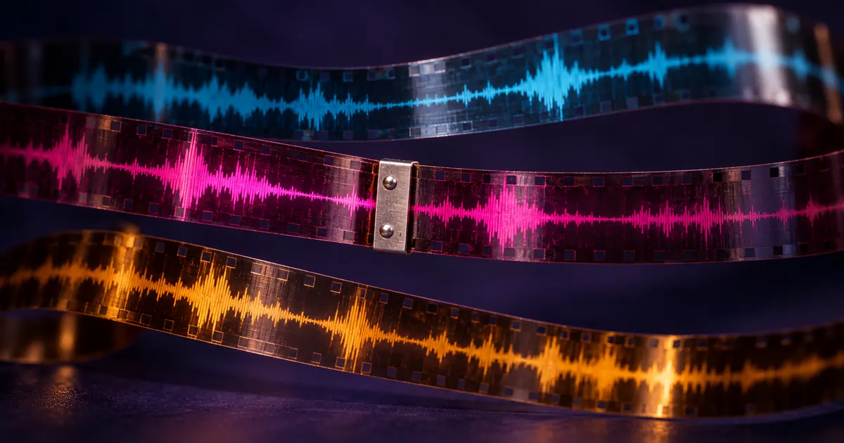 Three colored waveform strips with a metal splice joining the middle strip