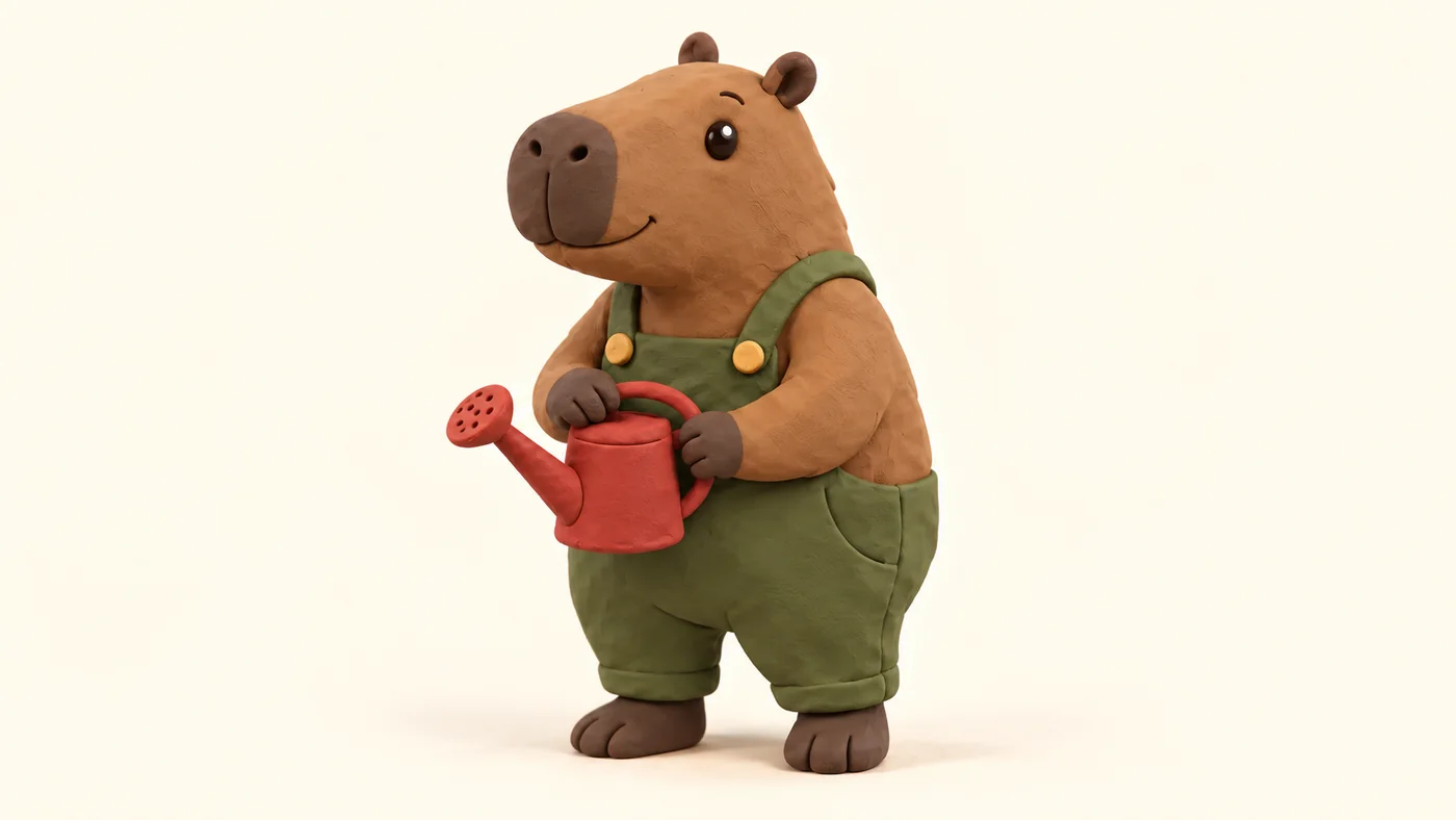 Capybara gardener interpreted as a clay puppet with rounded volume, changed cuffs and a more dimensional watering can