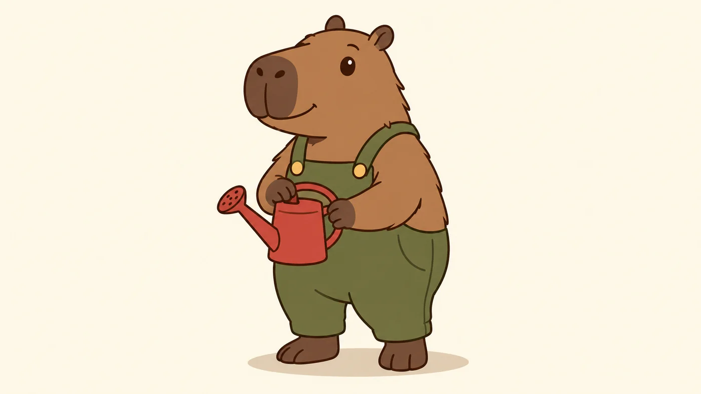 Capybara gardener with dark outlines, olive overalls and a red watering can; nominal flat cartoon contains subtle shading