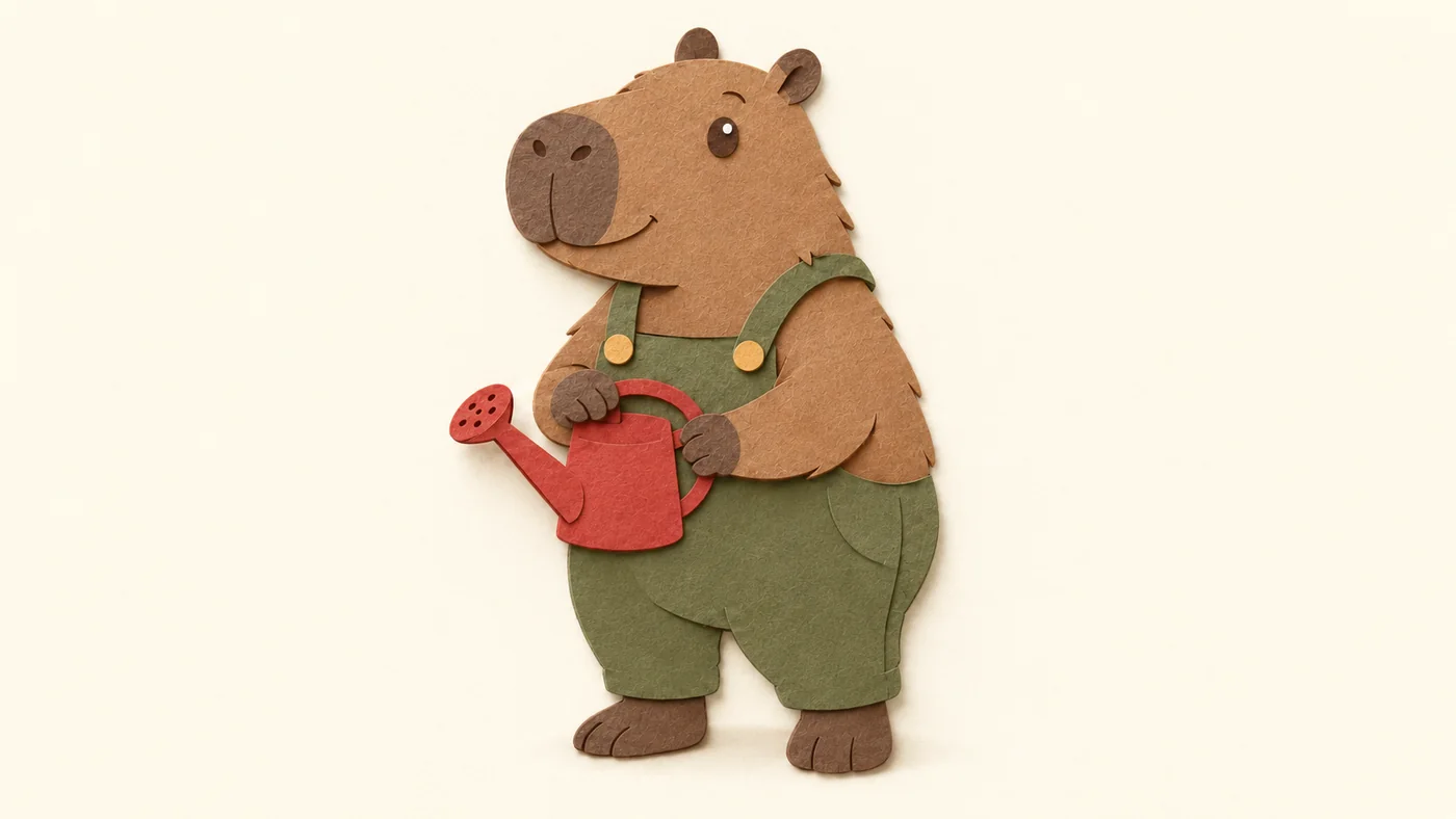 Same capybara design interpreted as layered matte paper with visible fibers and contact shadows