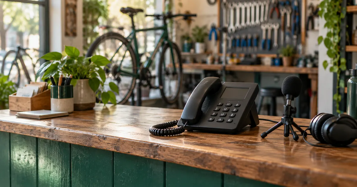 AI-generated editorial scene of a telephone, microphone and headphones on a bicycle shop reception counter